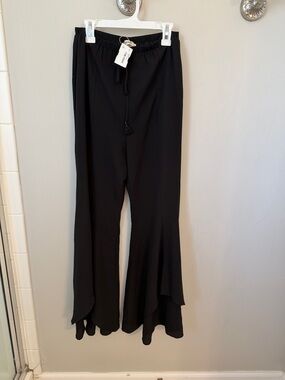 essue Black Wide-Leg Ruffle-Hem Drawstring Pants